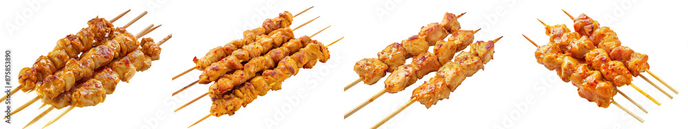 Delicious grilled meat skewers, perfectly cooked and arranged in a row, ready to eat, isolated on a white background. transparent background Delicious grilled meat skewers, perfectly cooked and arranged in a row, ready to eat, isolated on a white background. transparent background