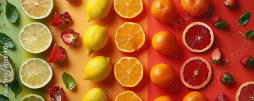 Colorful citrus fruits, lemons, limes, oranges, grapefruit, on a striped background photo