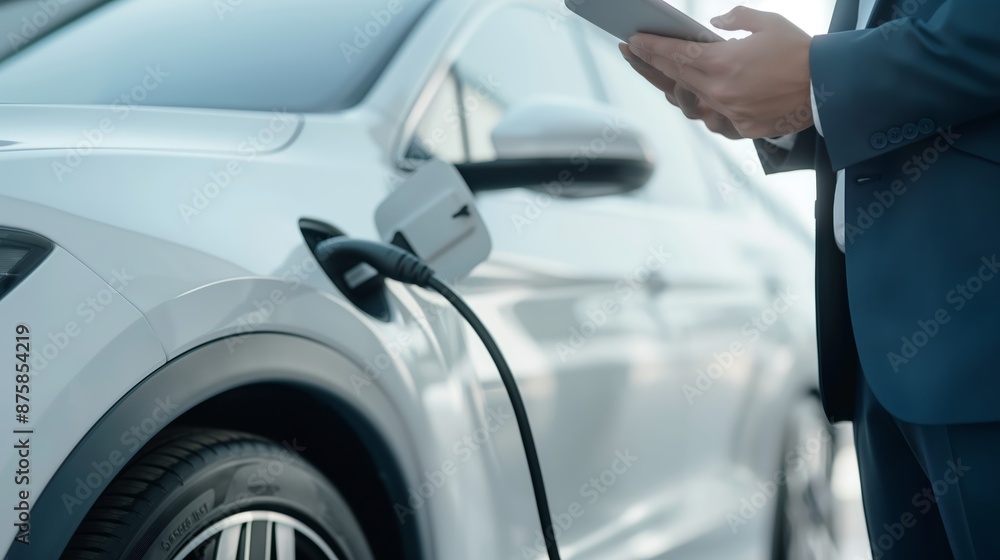 Businessman holding smartphone while charging car at electric vehicle charging station, closeup. Businessman holding smartphone while charging car at electric vehicle charging station, closeup.