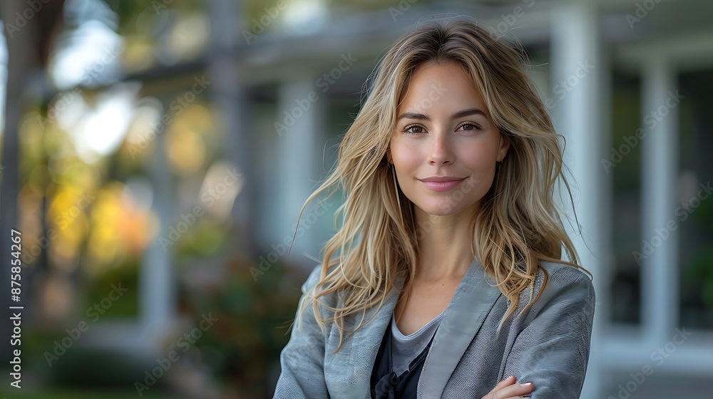 Confident American woman real estate agent stands proudly outside a modern home, radiating expertise and approachability, ready to assist potential house buyers
Confident American woman real estate agent stands proudly outside a modern home, radiating expertise and approachability, ready to assist potential house buyers