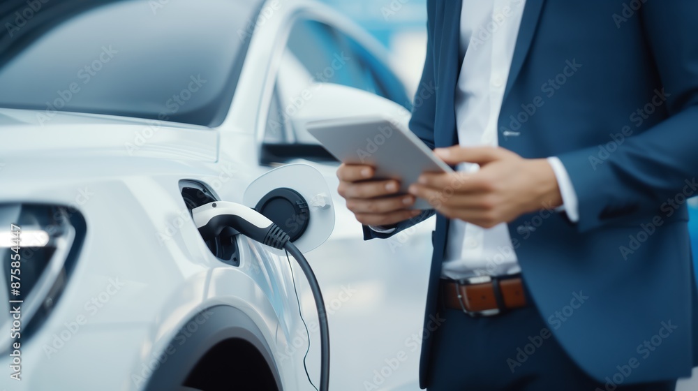 Businessman holding smartphone while charging car at electric vehicle charging station, closeup. Businessman holding smartphone while charging car at electric vehicle charging station, closeup.