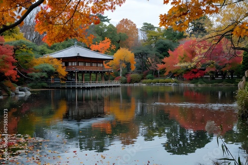 A tranquil autumn scene of a pond in a Japanese garden with a traditional house © duyina1990