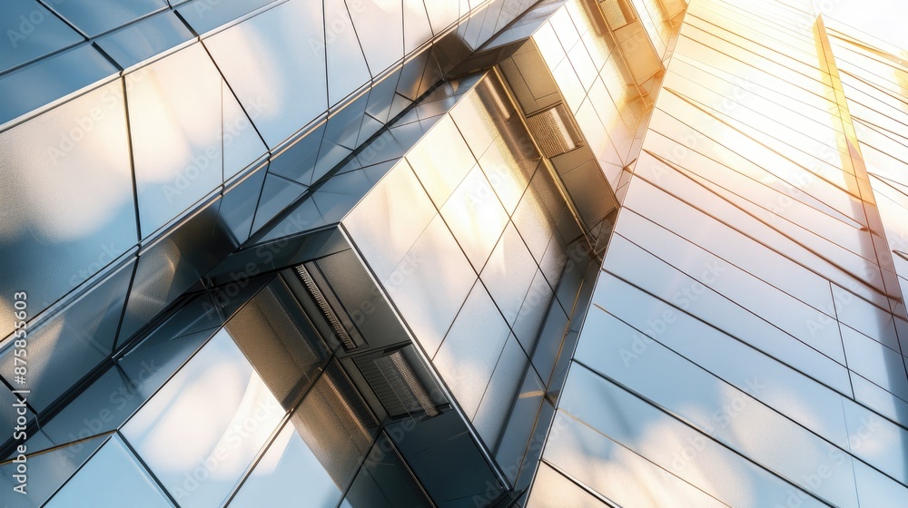 Close-up of a modern office building's facade, with metallic panels and angular design elements catching the morning sunlight. Close-up of a modern office building's facade, with metallic panels and angular design elements catching the morning sunlight.