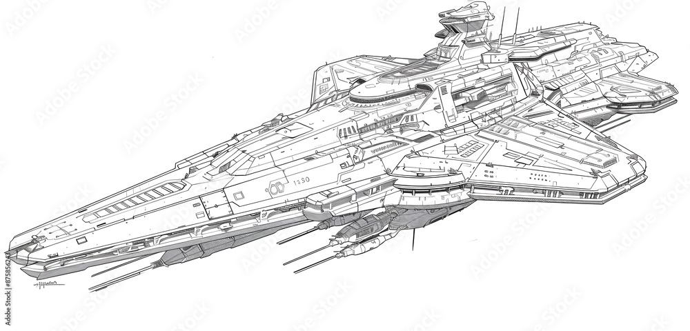 Fototapeta premium Rough draft hand-drawn style spaceship design. spacecraft, star cruiser, battleship, interstellar travel, space force design