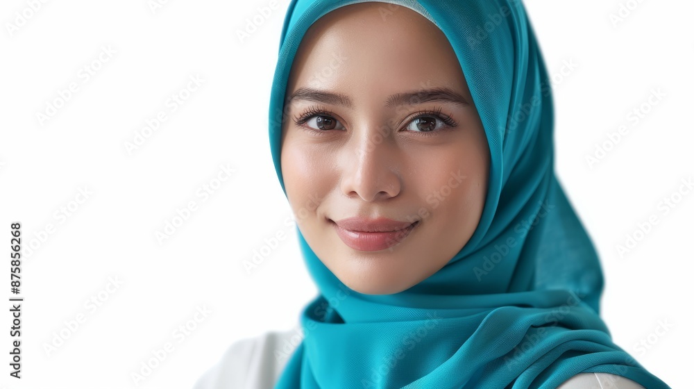 Portrait of a young woman wearing a turquoise hijab
