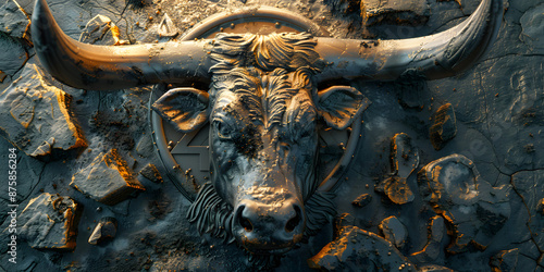 Symbolic representation of Bitcoin with bull horns in a dynamic financial context. The image merges cryptocurrency with bullish market trends, highlighting the intersection of digital finance and econ