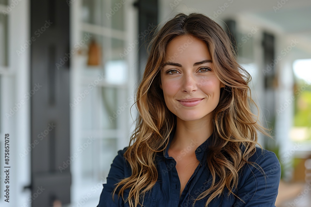 Fototapeta premium Confident American woman real estate agent stands proudly outside a modern home, radiating expertise and approachability, ready to assist potential house buyers 
