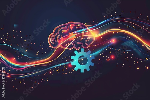 A vibrant wave of data flowing into a stylized brain with a gear icon on the front, symbolizing intelligent analysis driving productivity. Perfect for a task management platform.