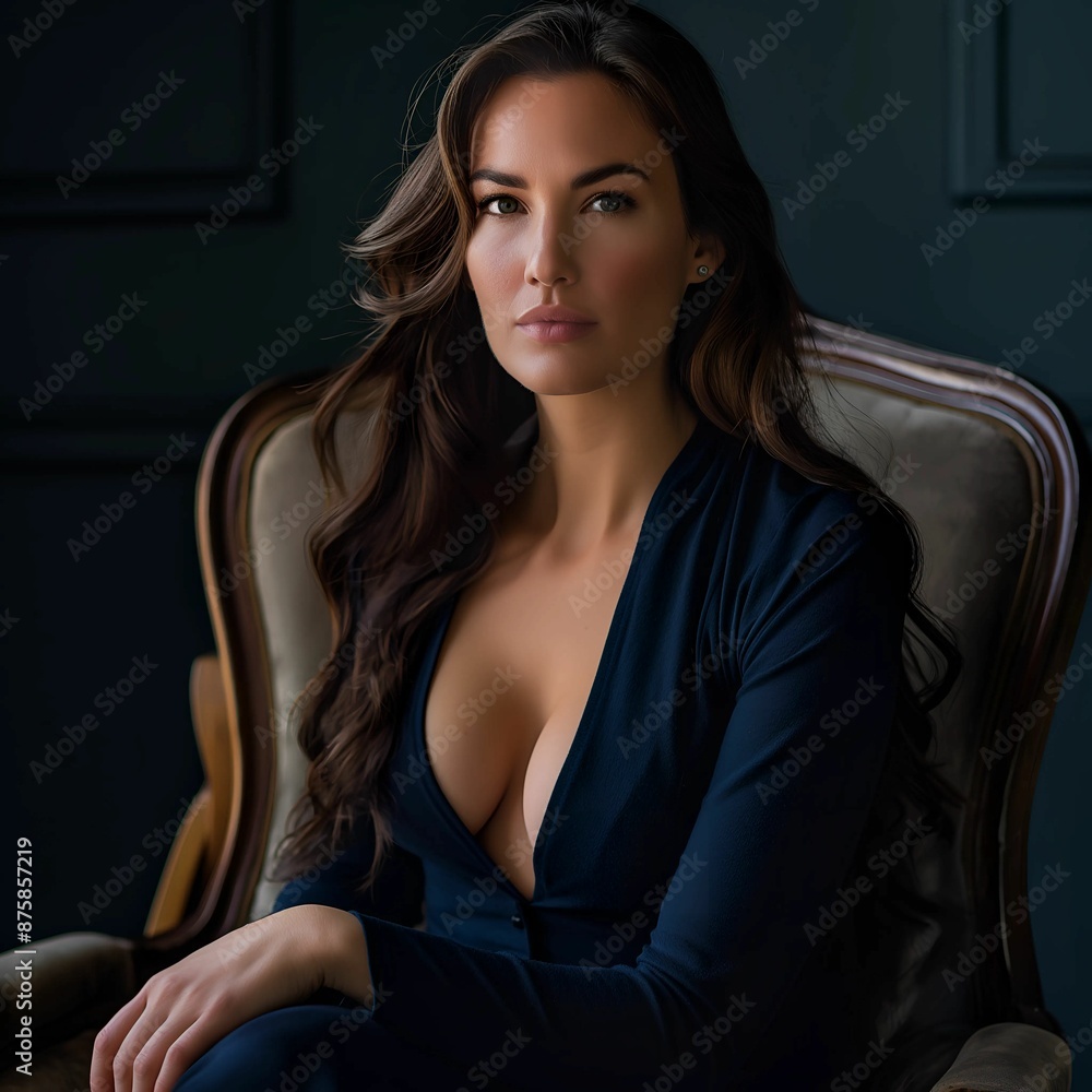 Naklejka premium Elegant Woman in Black Blazer with Deep Neckline.
