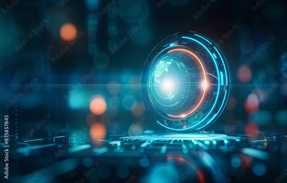 Fototapeta premium Futuristic technology interface with a glowing holographic globe, representing advanced digital innovation and global connectivity.