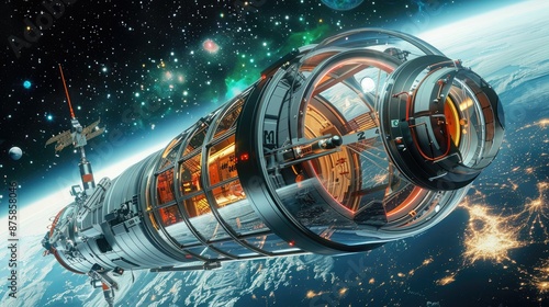 Fototapeta Naklejka Na Ścianę i Meble -  Futuristic space station orbiting Earth with glowing city lights visible below, set against a backdrop of stars in the galaxy.