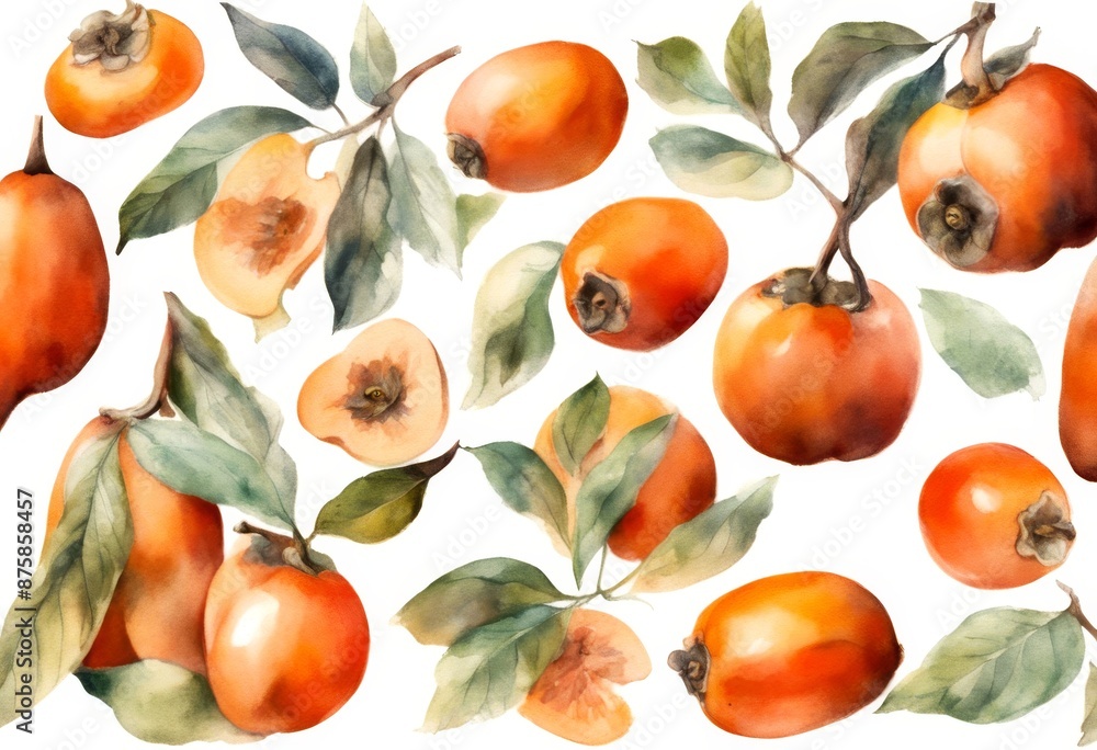 Obraz premium illustration persimmon illustrations fruit watercolor botanical painted nature transparent hand set decorative element background elements fruits orange