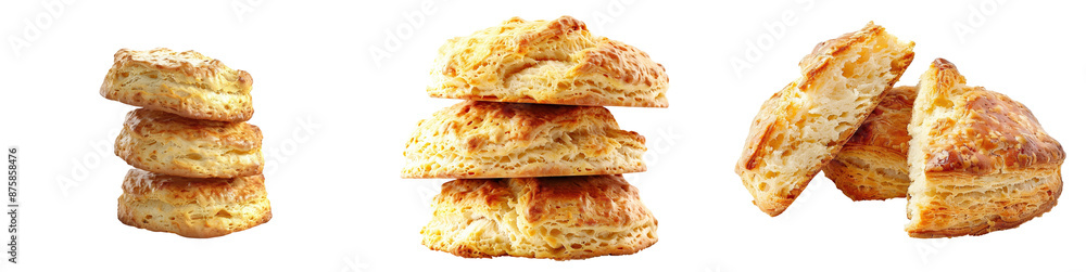 Three stacks of delicious, golden-brown biscuits showcasing flaky layers, perfect for breakfast, brunch, or a savory snack. transparent background Three stacks of delicious, golden-brown biscuits showcasing flaky layers, perfect for breakfast, brunch, or a savory snack. transparent background