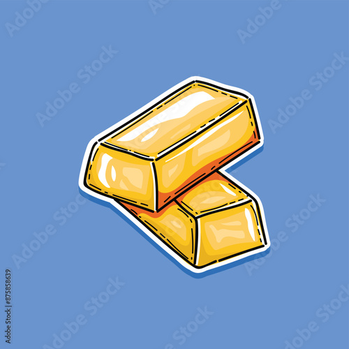 Two bars of gold lie on top of each other. Fine gold isolated on blue background vector illustration design. Symbol of richness currency investment, treasury luxury rich. Shiny treasure game asset