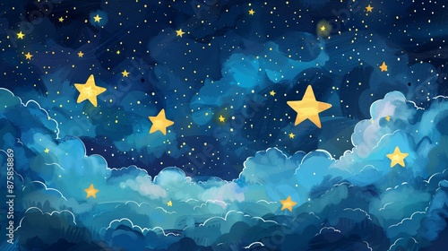 Adorable doodle-style white cartoon stars coming to life in a magical night sky, perfect for children's books or fantasy-themed designs.