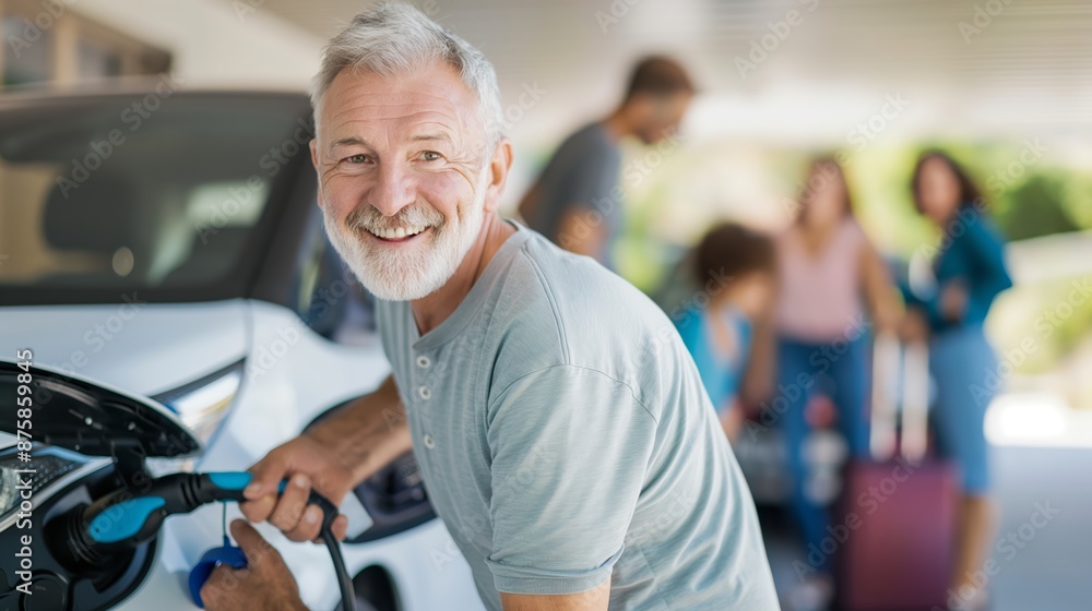 Happy father holding power supply cable and charging their electric car, rest of family putting suitcases in car trunk, preparating for holidays. Happy father holding power supply cable and charging their electric car, rest of family putting suitcases in car trunk, preparating for holidays.