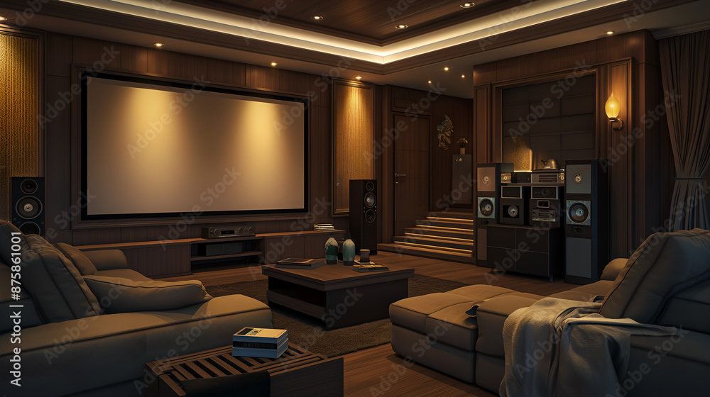 Luxury Home Theater Room with Plush Seating and Ambient Lighting Luxury Home Theater Room with Plush Seating and Ambient Lighting