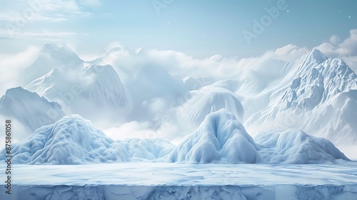 Arctic mountain ice podium backdrop with snow and winter product area very detailed and realistic shape