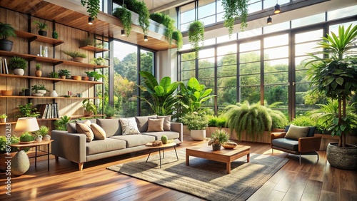 An inviting living room with a biophilic design flooded with natural light from large windows, lush indoor plants, and sustainable materials. Serene and eco-friendly ambiance.. © Man888