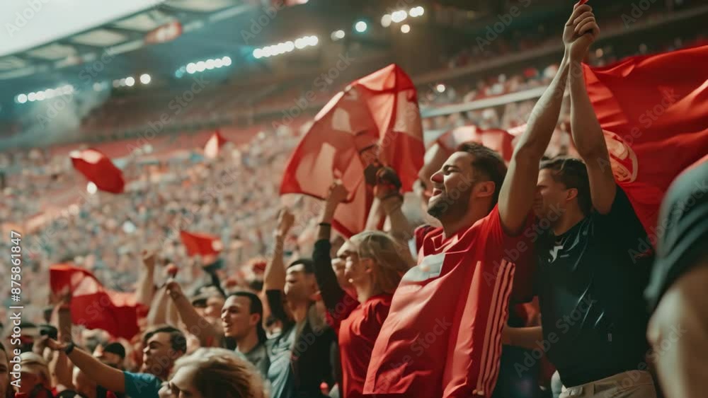 Group of Manchester United fans cheering in stadium, waving flags and banners with excitement, Fans cheering in the stands, holding banners and flags Group of Manchester United fans cheering in stadium, waving flags and banners with excitement, Fans cheering in the stands, holding banners and flags