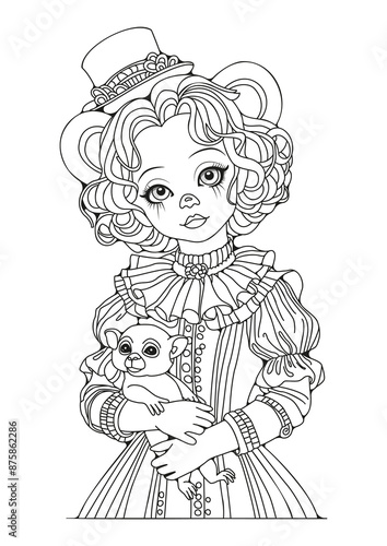 Coloring page. Clown girl with a monkey. Art therapy for children and adults. Art line.