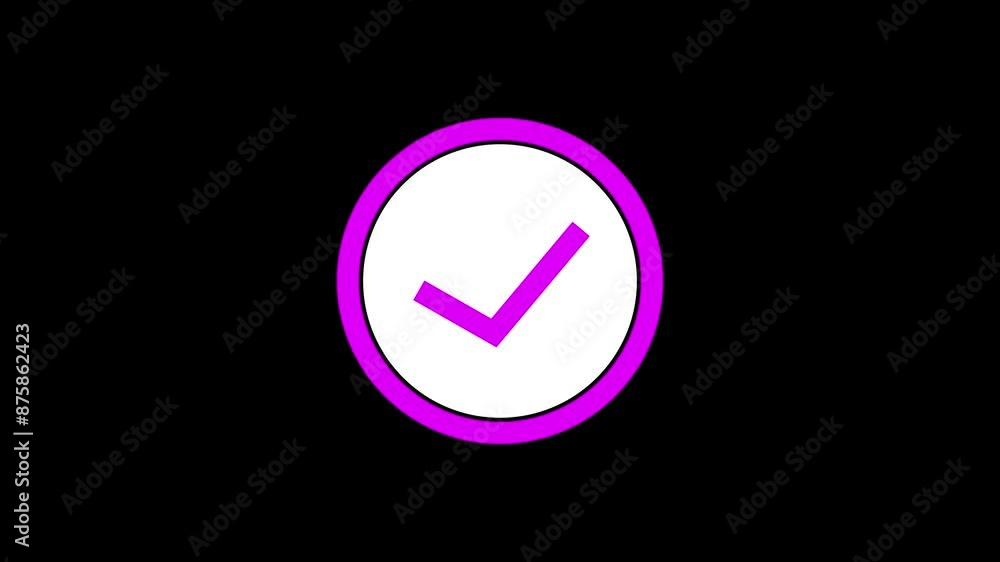 Purple tick mark icon animation black background. Purple tick mark icon animation black background.