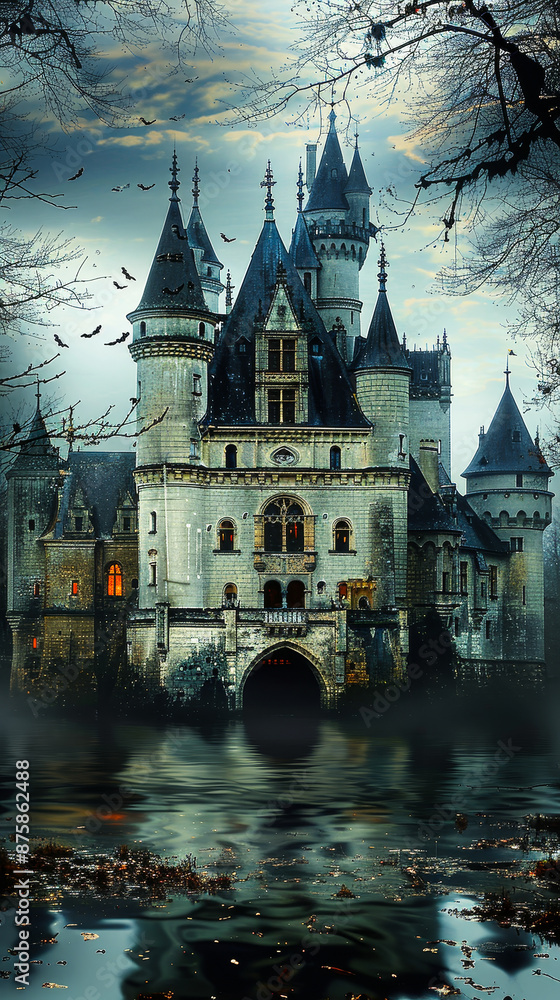Obraz premium Haunted Castle at Night with Spooky Atmosphere, Bats Flying, Eerie Lighting, and Reflected in a Dark Foggy Lake, Perfect for Halloween, Gothic, Horror Themes