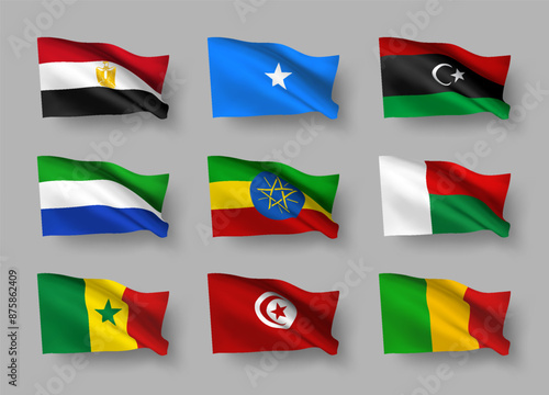 A set of 9 vector flag icons of African countries with shadows, isolated on grey background. 3D styled design elements from world collection created using gradient mesh