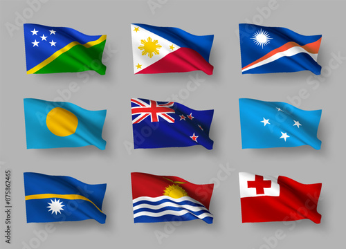A set of 9 vector flag icons of Pacific islands countries with shadows, isolated on grey background. 3D styled design elements from world collection created using gradient mesh