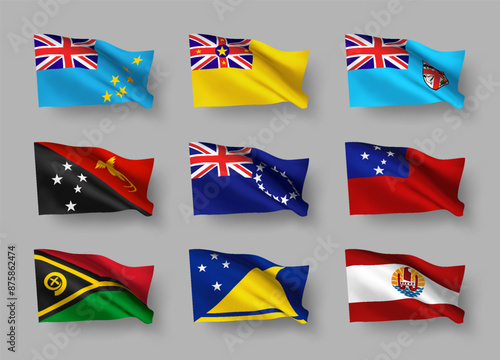 A set of 9 vector flag icons of Pacific islands countries with shadows, isolated on grey background. 3D styled design elements from world collection created using gradient mesh