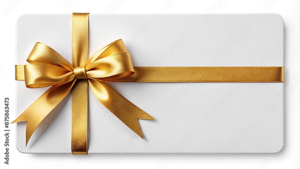 Elegant blank white gift voucher adorned with a luxurious gold ribbon, perfectly isolated on a pure white background, ready for customization and presentation. Elegant blank white gift voucher adorned with a luxurious gold ribbon, perfectly isolated on a pure white background, ready for customization and presentation.