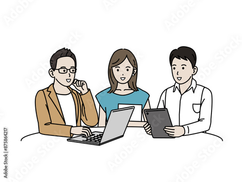 情報交換や話し合いをするビジネスパーソンやフリーランスのイラスト