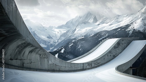 Ski Jump Ramp Overlooking Snowy Mountains photo