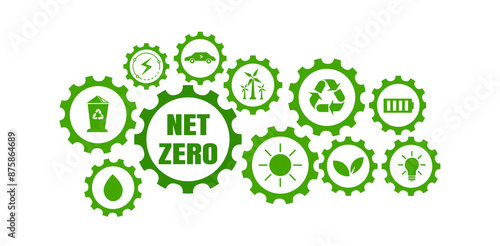 Net zero greenhouse gas emissions by 2050, carbon neutral, net zero greenhouse gas emissions target, long-term climate neutral strategy with green icons