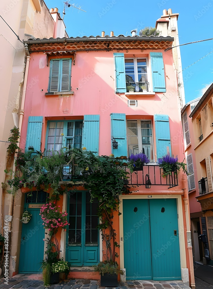 Obraz premium A colorful house with blue shutters and doors