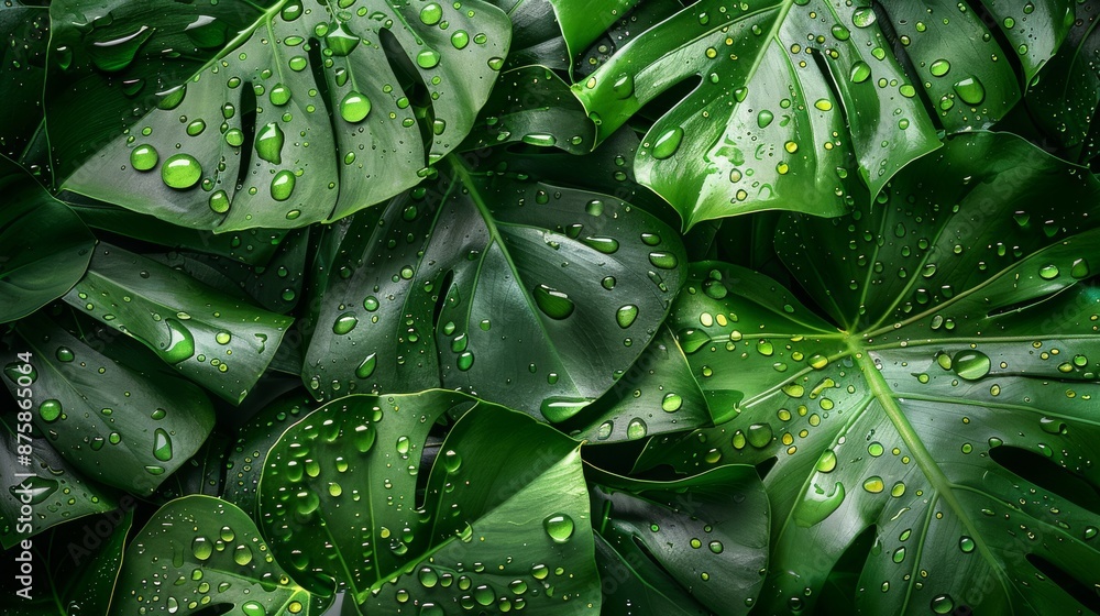Fototapeta premium Close-up of lush green monstera leaves with raindrops for a tropical botanical background