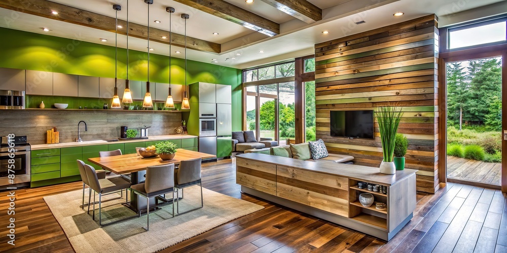 Modern eco-friendly home interior showcases sleek green walls, reclaimed wood accents, energy-efficient appliances, and smart home technology seamlessly integrated for sustainable living. Modern eco-friendly home interior showcases sleek green walls, reclaimed wood accents, energy-efficient appliances, and smart home technology seamlessly integrated for sustainable living.