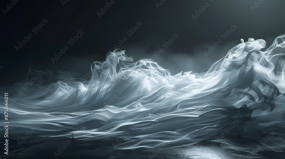 Fototapeta premium Mystical mist. Swirling smoke in dark and light symphony. Fluid fantasia. Abstract dance of fog and light on floor with black background