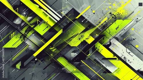 Abstract geometric shapes and lines in neon green and black with a grunge texture.