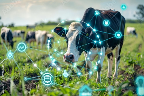 Scene of a cow farm enhanced with digital icons and nodes, symbolizing the use of cutting-edge technology and data analytics in contemporary agricultural methods