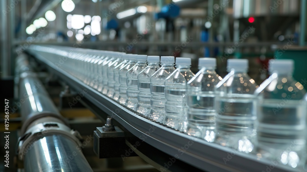 plastic water bottles on conveyor belt rollers or production line, automated industrial factory manufacture plastic water bottles on conveyor belt rollers or production line, automated industrial factory manufacture