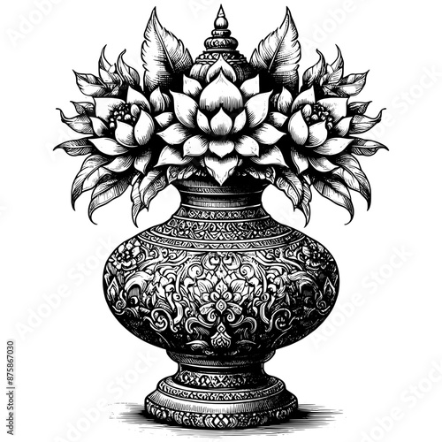 Vintage ink sketch Classic Thai flowers vase vector line art black hand drawn, illustration background