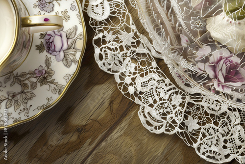 Elegant porcelain teacup with floral design and intricate lace doily on a wooden table. Old money