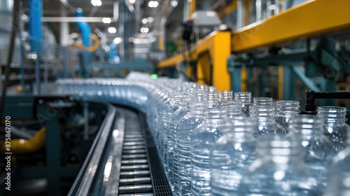 plastic water bottles on conveyor belt rollers or production line, automated industrial factory manufacture