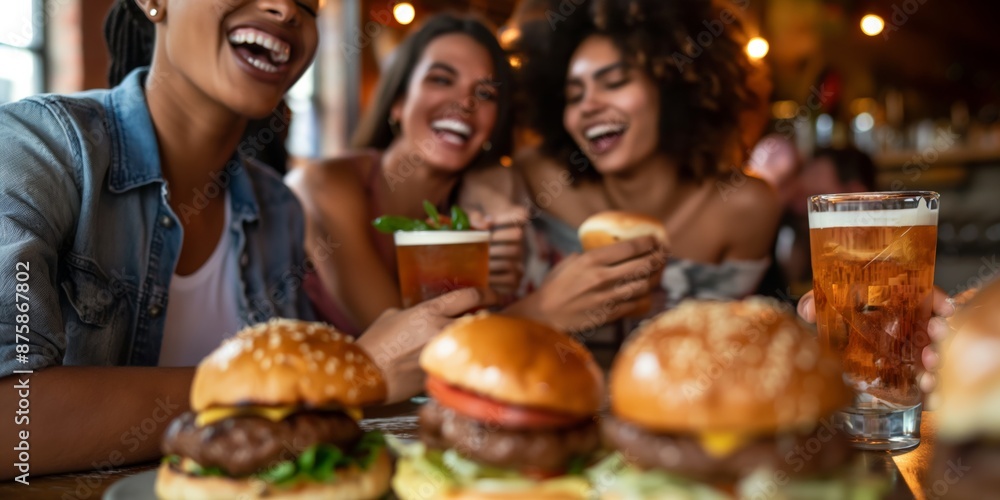 Friends laughing and talking while enjoying burgers and drinks at a lively lunch gathering. Friends laughing and talking while enjoying burgers and drinks at a lively lunch gathering.