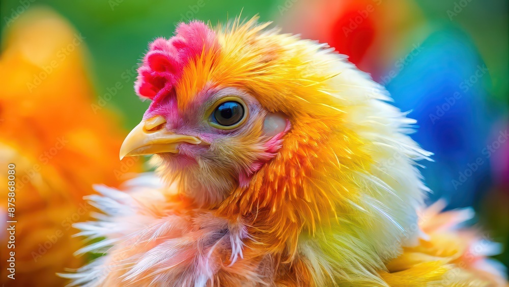 Fototapeta premium Close-up of a fluffy chicken with vibrant feathers, chicken, bird, poultry, farm, livestock, agriculture, cute, domesticated