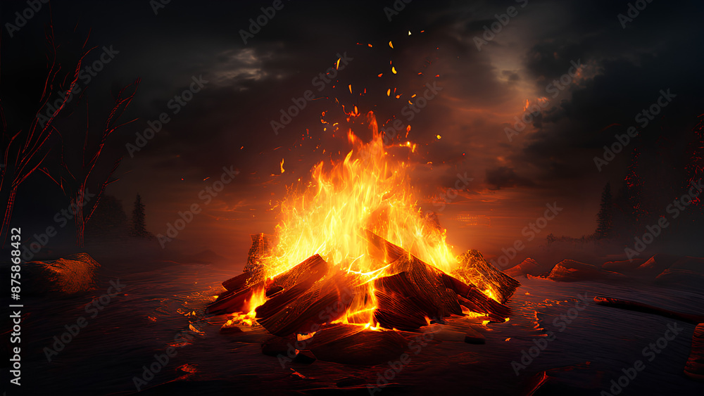 Night falls, fire lights up! A crackling bonfire explodes with warm orange flames as darkness takes over