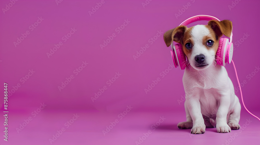 Puppy wearing headphones and looking happy shows the cuteness and happiness of the pet. AI generation Puppy wearing headphones and looking happy shows the cuteness and happiness of the pet. AI generation