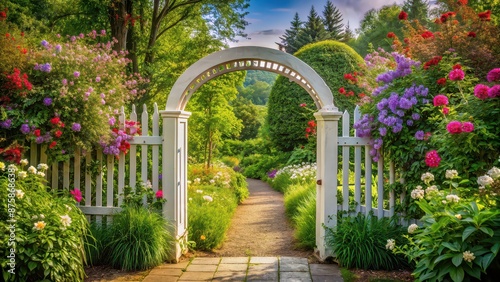 Entrance to a beautiful garden with a white arched gate surrounded by blooming flowers and greenery  entrance  garden  white gate