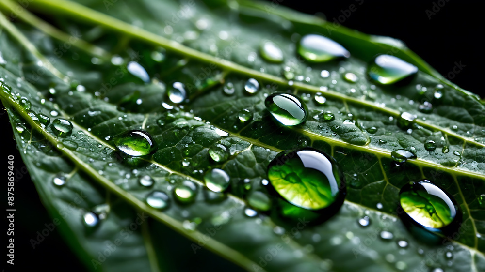 Elegant Green Leaf with Dew Drops on Black Background - Pure Nature Elegant Green Leaf with Dew Drops on Black Background - Pure Nature